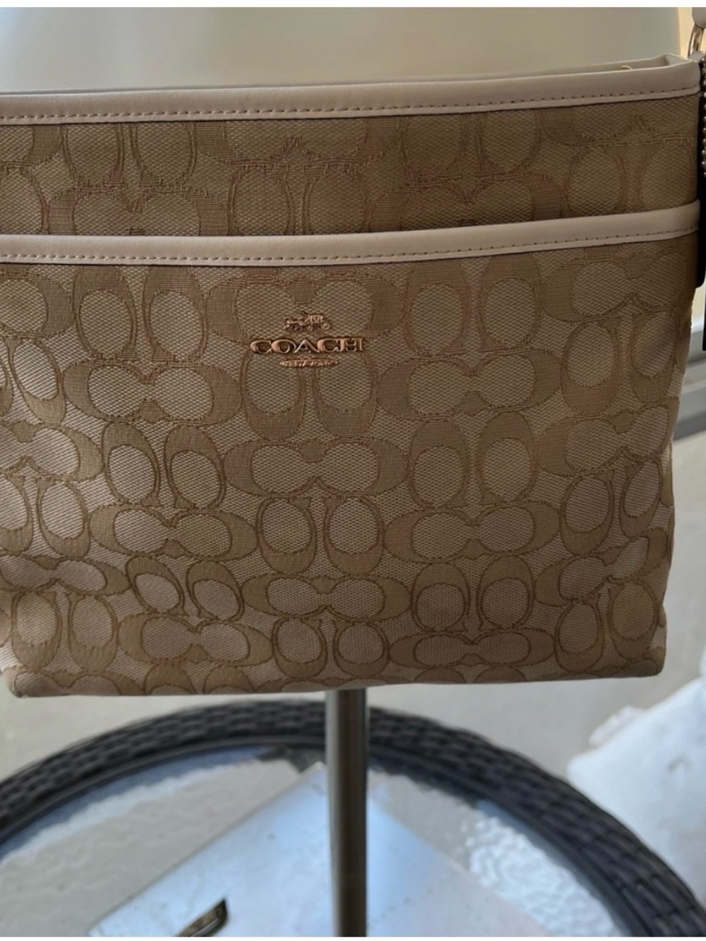 Coach Beige Signature Crossbody Bag - Neutral Canvas Shoulder Purse - Picture 10 of 12